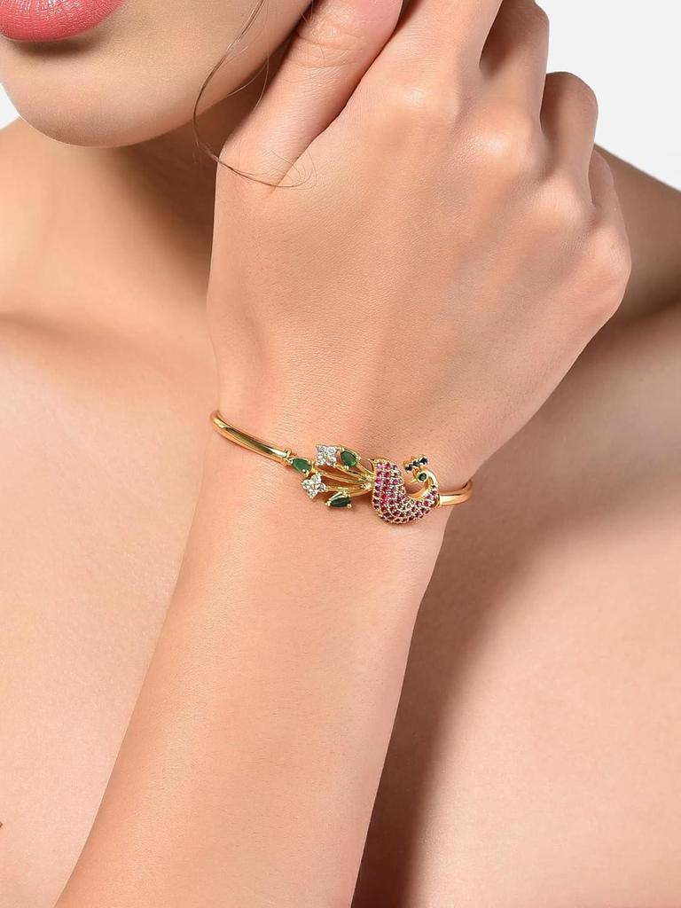 Pink & Green Cubic Zirconia Peacock Inspired Bangle Style Brass Kada For Women