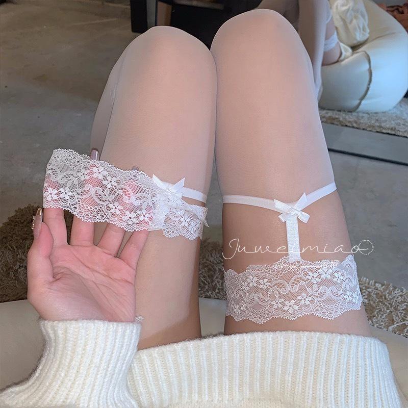 Elegant White Silk 3D Lace Camisole with Black Silk Non-Slip Thigh-High Stockings - Women's Sexy Sheer Over-the-Knee Core-Spun Silk Stockings