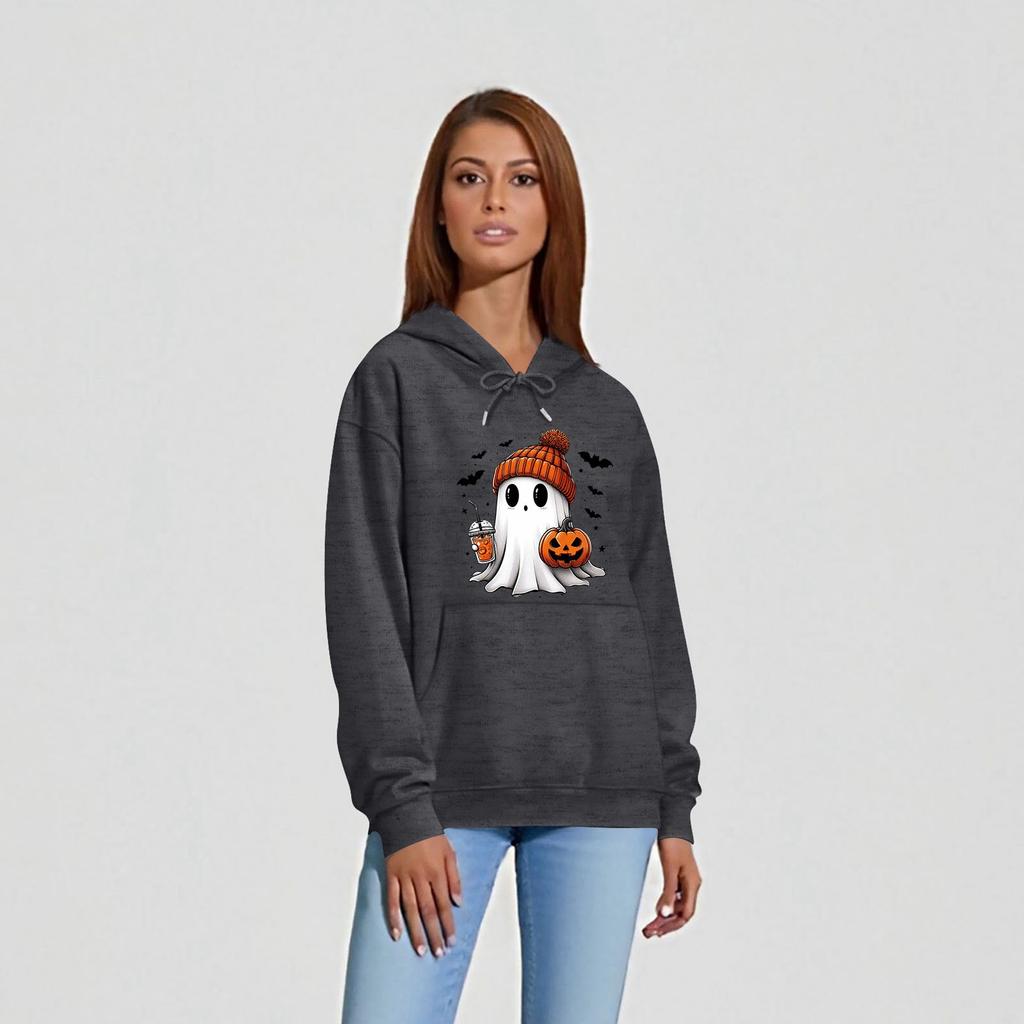 Women's O-neck Long Sleeve Halloween Printed Top Solid Color Hoodie