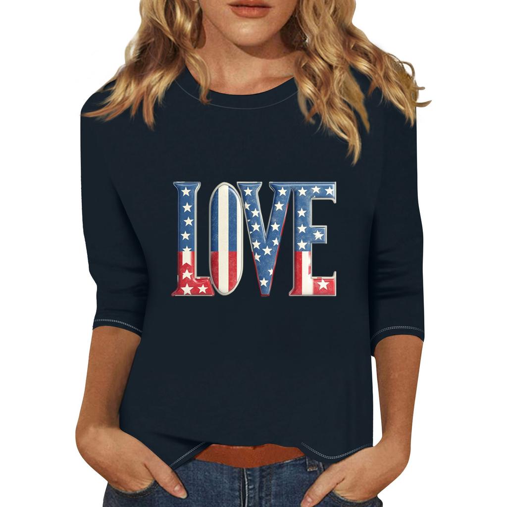 Women's Print Round Neck Top With Three Quarter Sleeves T-Shirt Three Quarter Sleeves T-Shirt
