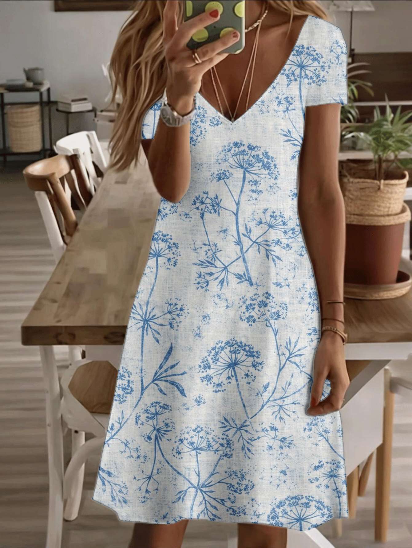 

Vneck shortsleeve midi dress blue floral print pattern 3D premium print durable casual fashion summer beach outfit lightweight breathable elegant styl XL дубильная кора