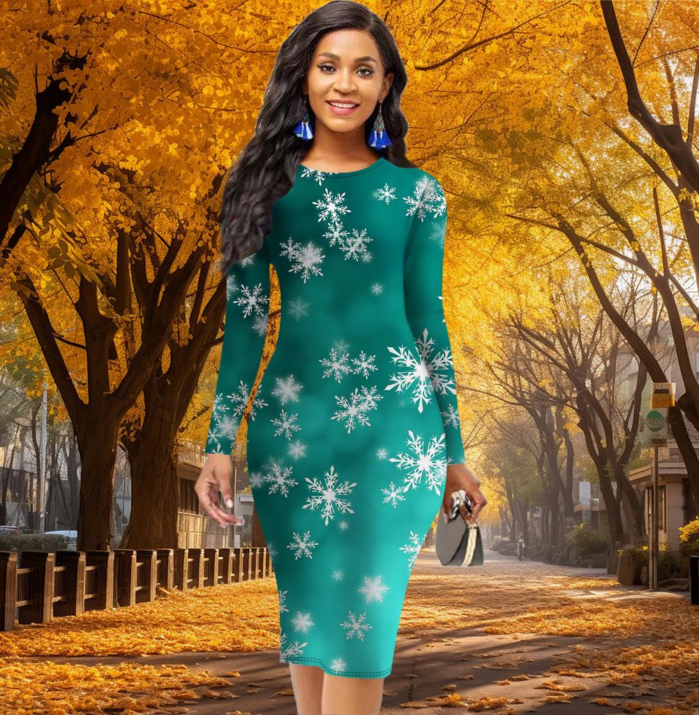 Long Sleeve Waist Tight Office Slim Fit Hexagonal Snowflake Printing Elegant Bodycon Dress