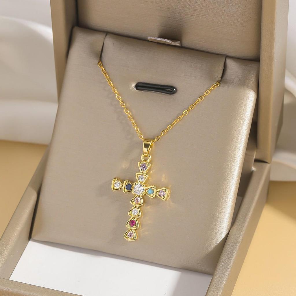 Damen Bunte Zirkon Kreuz Halskette - Nischendesign mit Voll-Diamant-Anhänger an Edelstahlkette