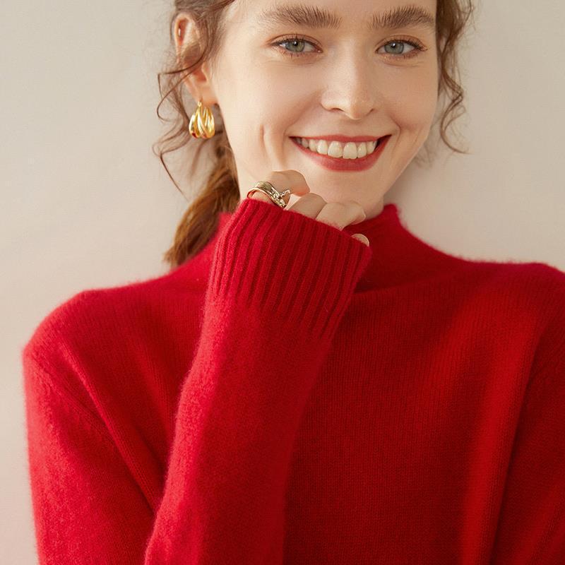 White Cashmere Rolled Collar Sweater - Women's Loose Fit Pullover for Autumn/Winter 2025
