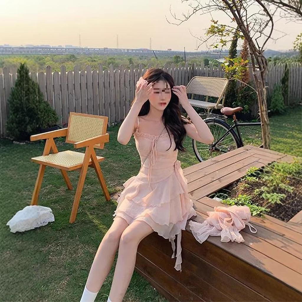 Slightly fat gentle sweet ruffle leaf edge suspender dress women's summer small man waist thin short skirt cardigan set