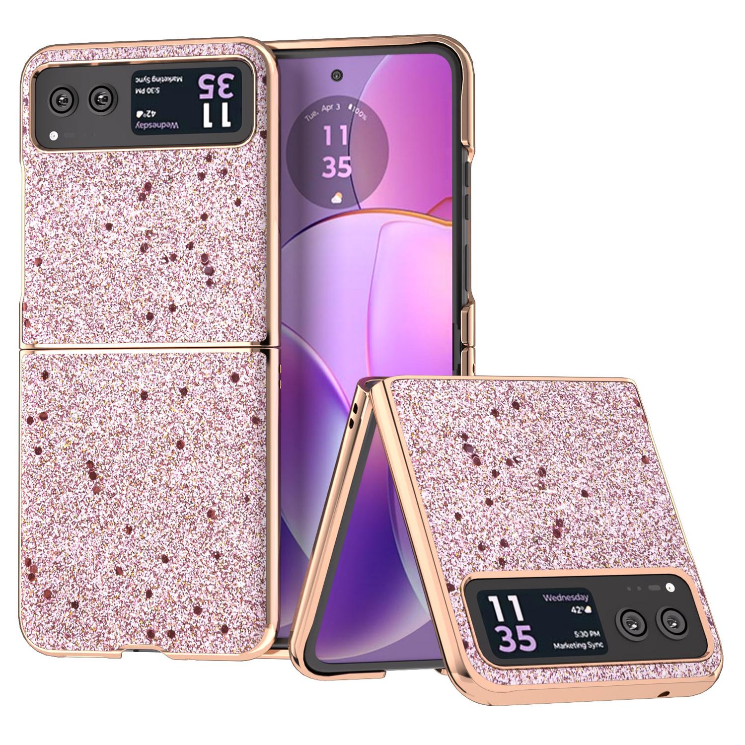 

For Motorola Razr 40 5G PU Leather+PC Glitter Phone Case Nano Electroplating Scratch Proof Cover Pink