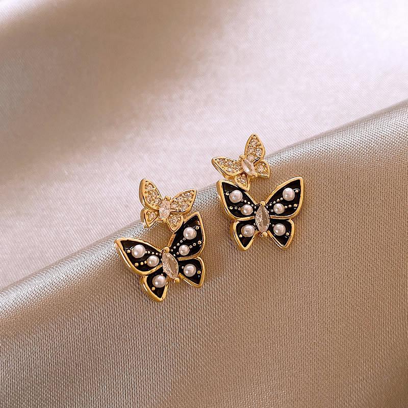 New Classic Simple Heart Bow Butterfly Earrings For Women French Style Black Stud Earrings Fashion Ear Buckle Jewelry