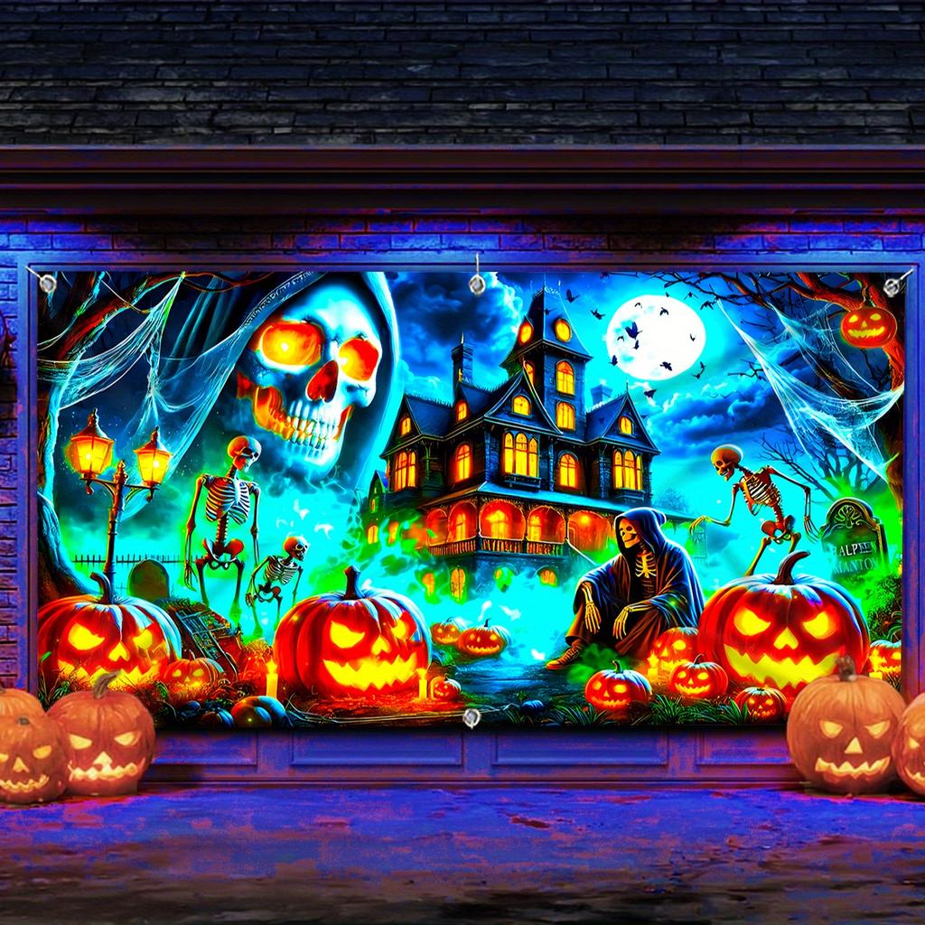 2D Door Banner 2D Flat Gothic Moonlight Skull Castle - UV Glowing Halloween Garage Door Banner