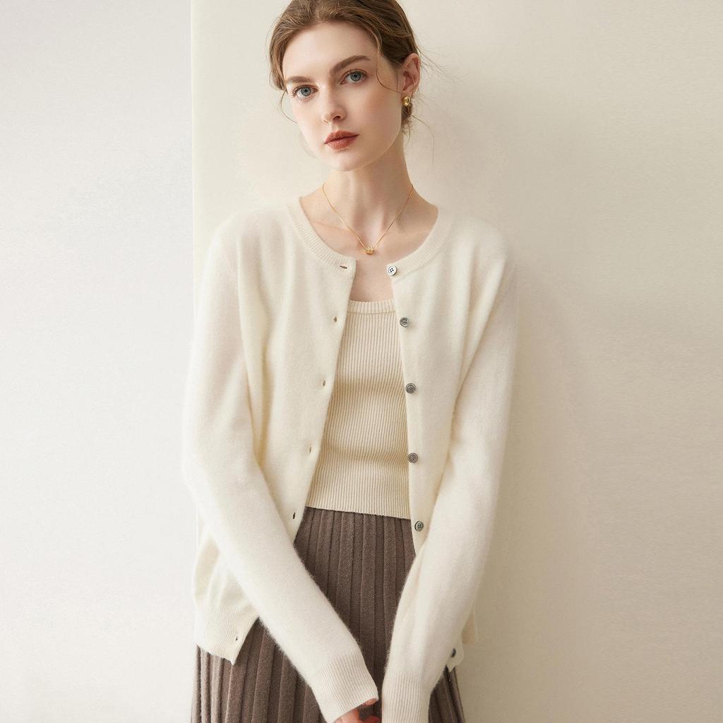 Lekasha 100% Pure Cashmere Knitted Round Neck Cardigan for Women