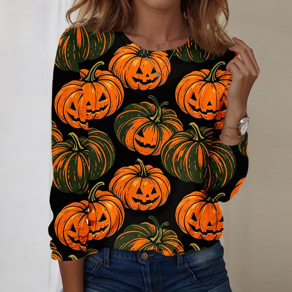Women's Casual Long Sleeve Pullover Top Halloween Print Round Neck Sweatshirt Comfortable Fit Lightweight Fabric
