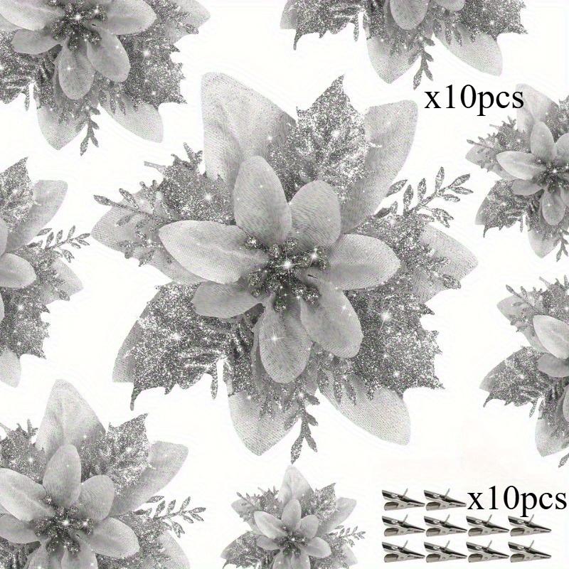 20 Stück/Set Glänzende Weihnachtsbaumdekorationen:Künstliche Weihnachtssterne mit Clips, Bougainvillea-Ornamente für Weihnachten