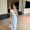 Design Sense Fake Two Pieces Blue Shirt Dress Women's Clothing Autumn and Winter Niche Design Showing Thin Temperament POLO Long Dress
