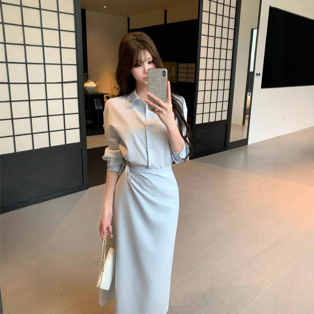 Design Sense Fake Two Pieces Blue Shirt Dress Women's Clothing Autumn and Winter Niche Design Showing Thin Temperament POLO Long Dress
