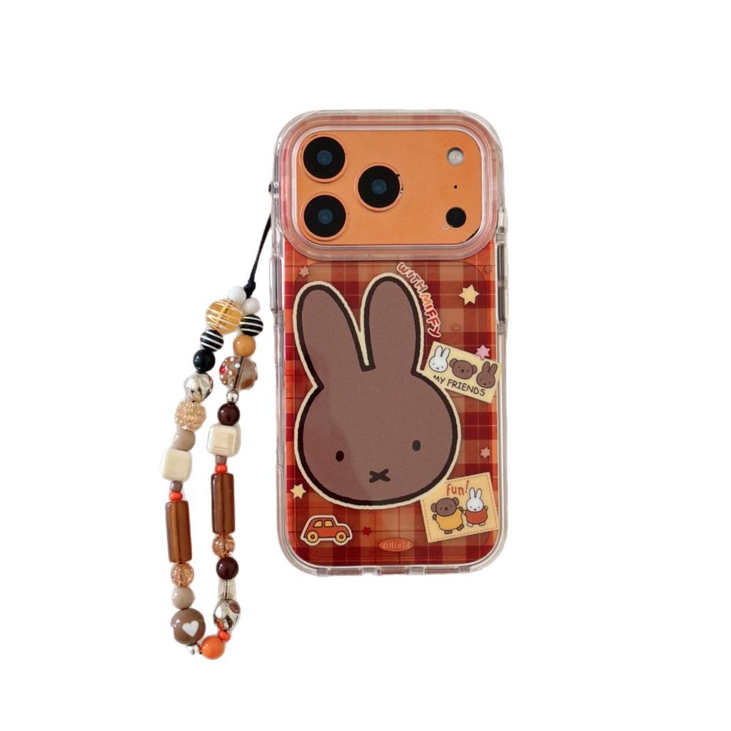 Black Plaid Leather Miffy Rabbit Case for iPhone 13 To 17 Pro/Max