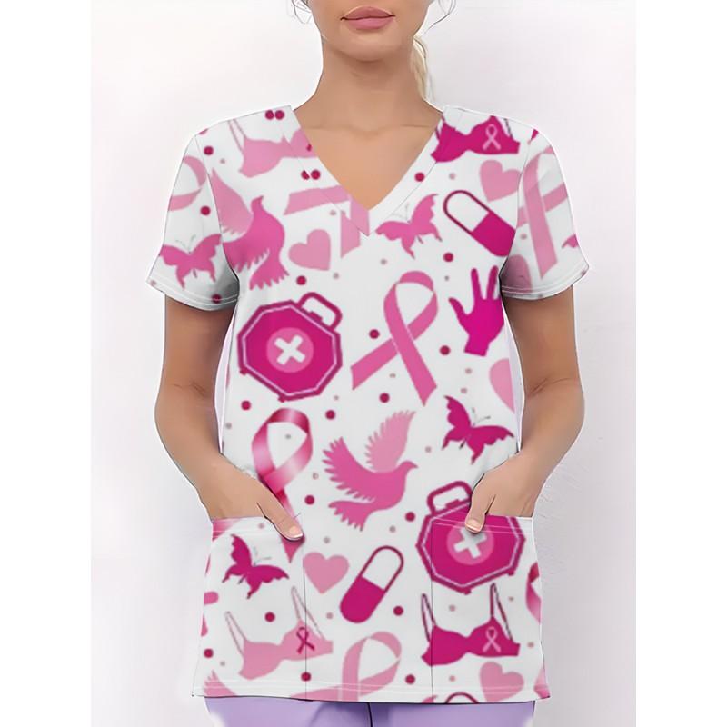 Womens V-Neck Short Sleeve Nursing Scrub Top With 3D Cartoon Print Comfortable Workwear Casual Medical Uniform