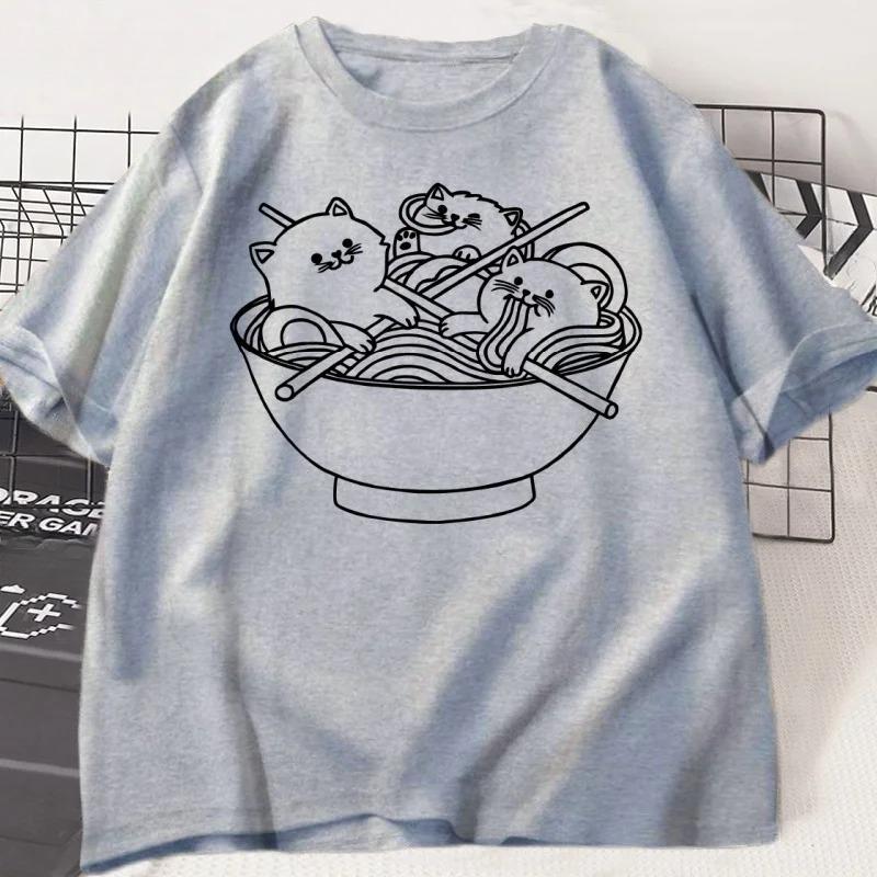 Camiseta Gato Estilo Japonês Ramen Algodão Manga Curta Kawaii Anime Camiseta Ramen Gatinho Camisetas Gráficas Camiseta Bonita de Comida Roupas