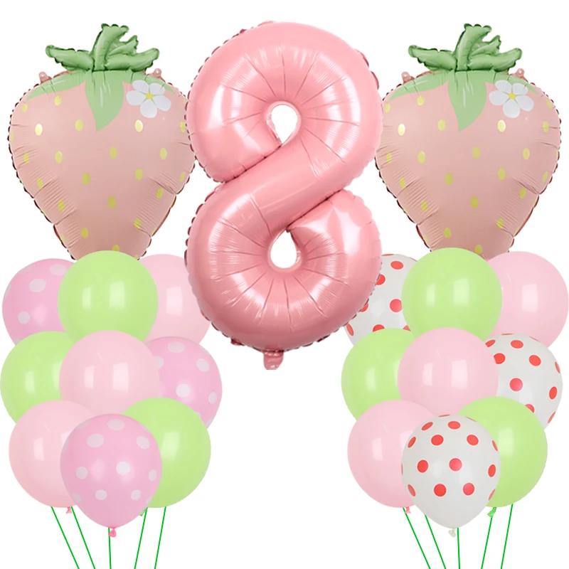 Fruit Strawberry Flower Foil Balloons with 40inch Pink Number Balloon Berry First Birthday Girl Sweet Summer Party Supplies