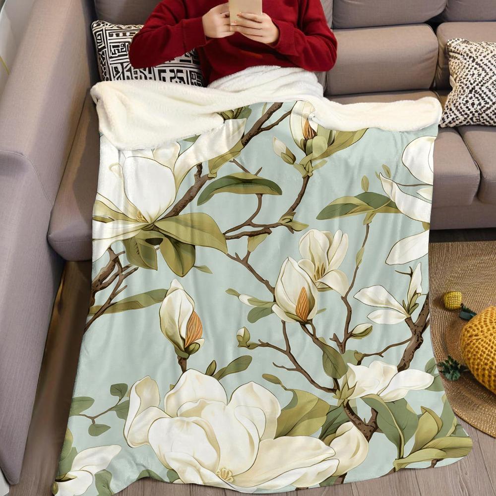 Magnolia On Light Blue Flannel Blanket Warm Soft Halloween Christmas Couch Warm Cozy Decorative Decor Gift for All Season