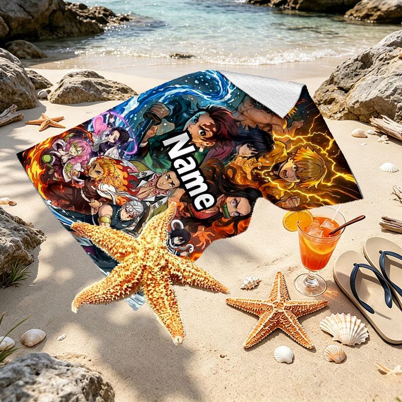 Personalisierbares Strandtuch mit Demon Slayer Aufdruck und individuellem Namen, für Reise, Camping, Strandparty, Heimdekoration, Geburtstagsgeschenk für Familie & Freunde