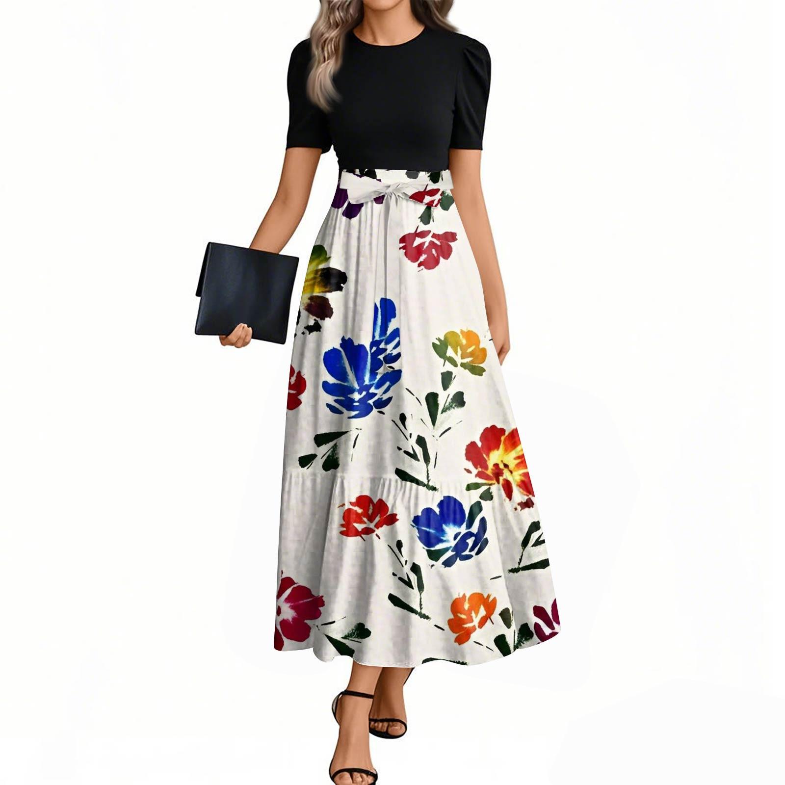 

Жіночі модні повсякденні елегантні темпераментні сукні з поясом і короткими рукавами з круглим вирізом XXL синій