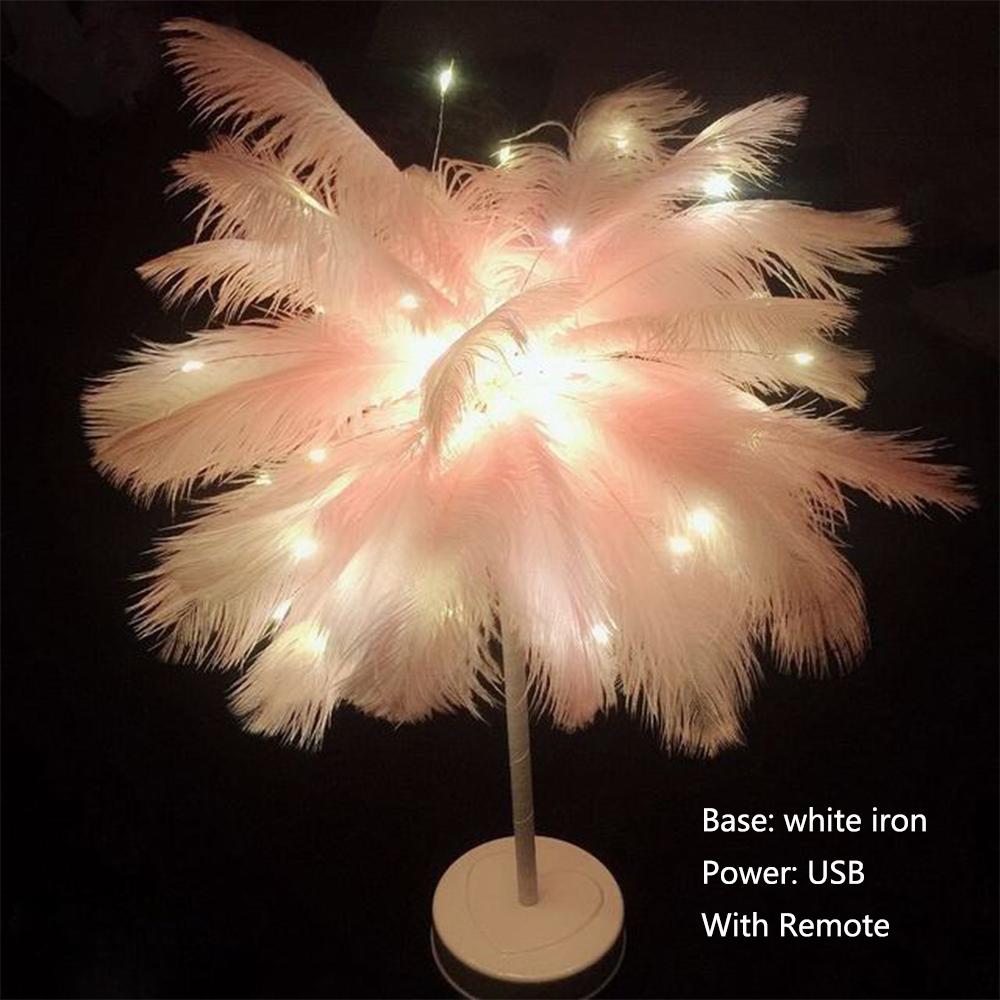 Creative DIY Feather Table Lamp Remote Control USB/AA Battery Power Warm Light Tree Feather Lampshade Wedding Home Bedroom Decor