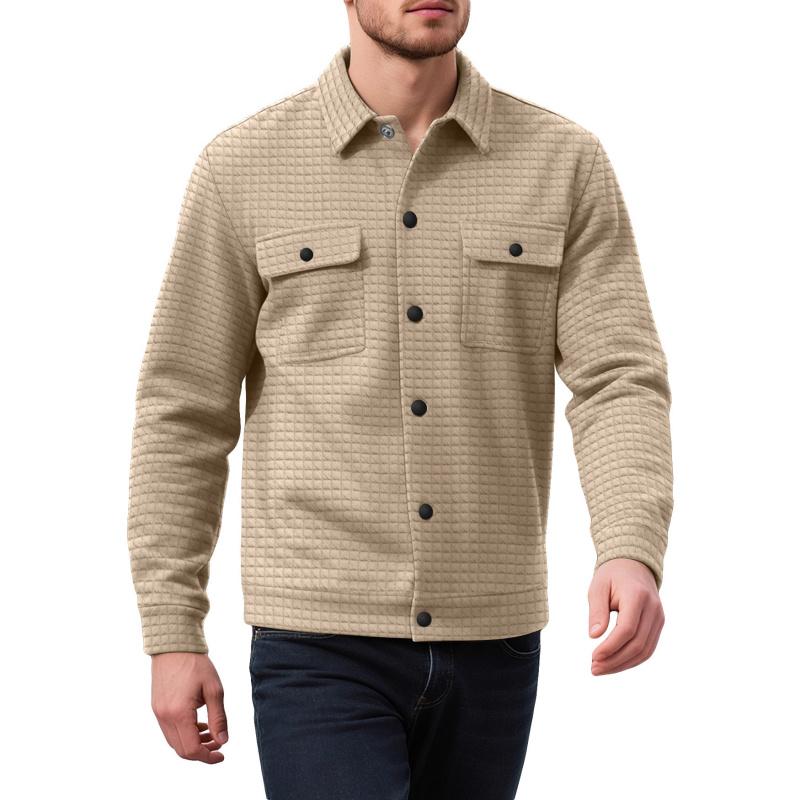 Men's Small Checkered Jacquard Knit Button Pocket Jacket, Spring and Autumn Warm Business Style Top