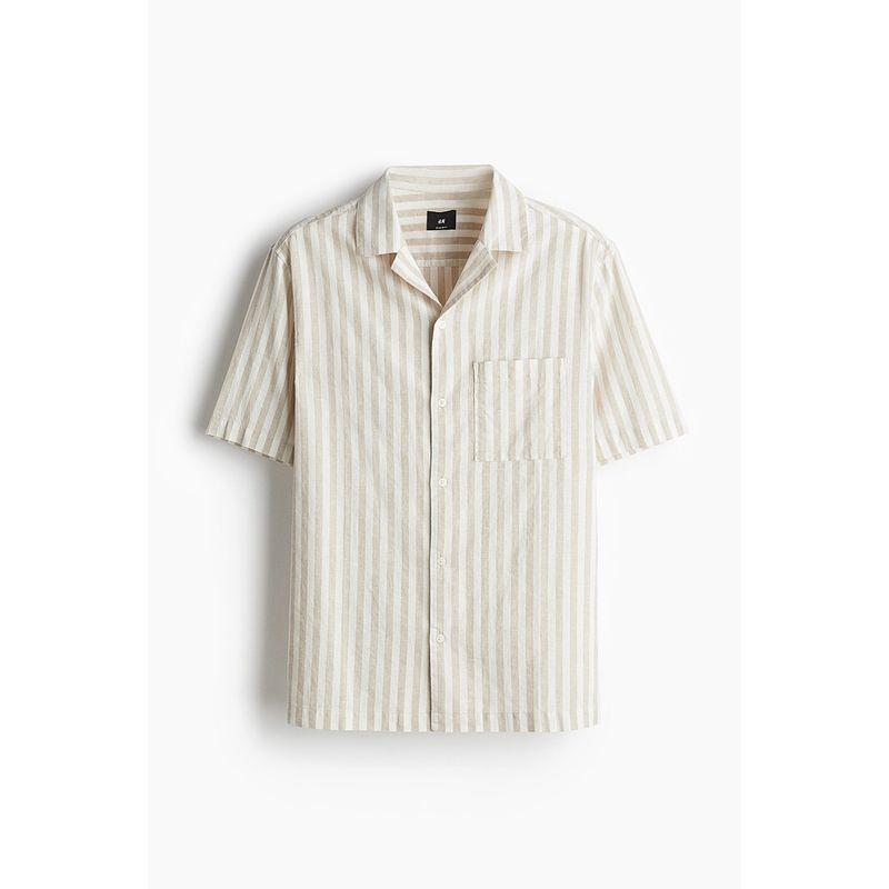 

HM Мужская рубашка с кубинским воротником 2025 Лето Новое поступление Трендовая Свободная Льняная Смесовая Рубашка с Коротким Рукавом 1256946 Beige/White Stripes 180/124(2XL)