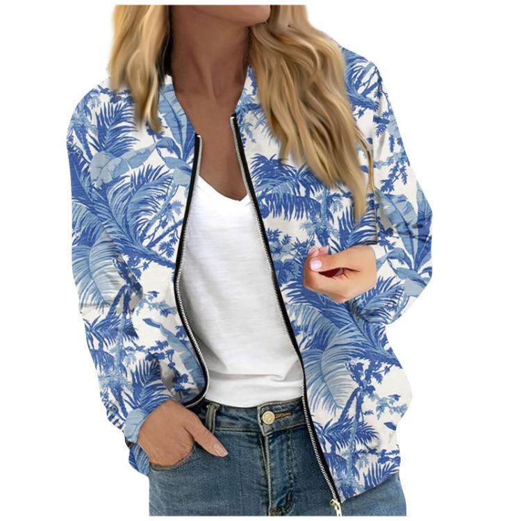 Women Floral Leaf Print Casual Long Sleeve Zipper Jacket Round Neck Fashionable