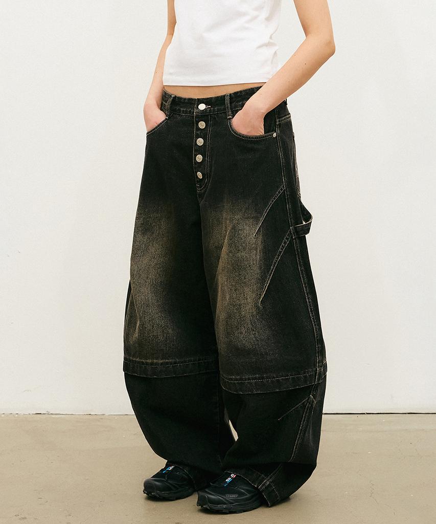 Gakkai Unions Button Flap Dart Balloon Denim Pants Black