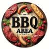 Vintage BBQ Area Round Metal Tin Sign Grilled Steak Vegetables Flame Pattern Retro Wall Decor for Backyard Patio Bar