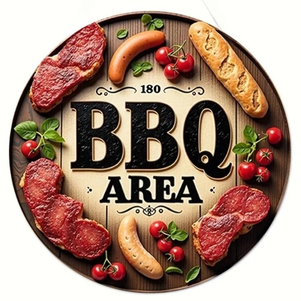 Vintage BBQ Area Round Metal Tin Sign Grilled Steak Vegetables Flame Pattern Retro Wall Decor for Backyard Patio Bar