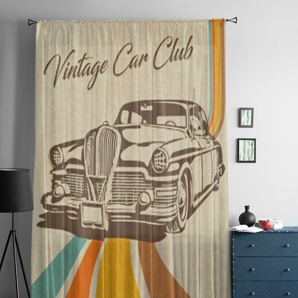 Vintage Car On Retro Sheer Curtains for Living Room Transparent Tulle Window Treatments Bedroom Kitchen Home Decor Veil Drapes