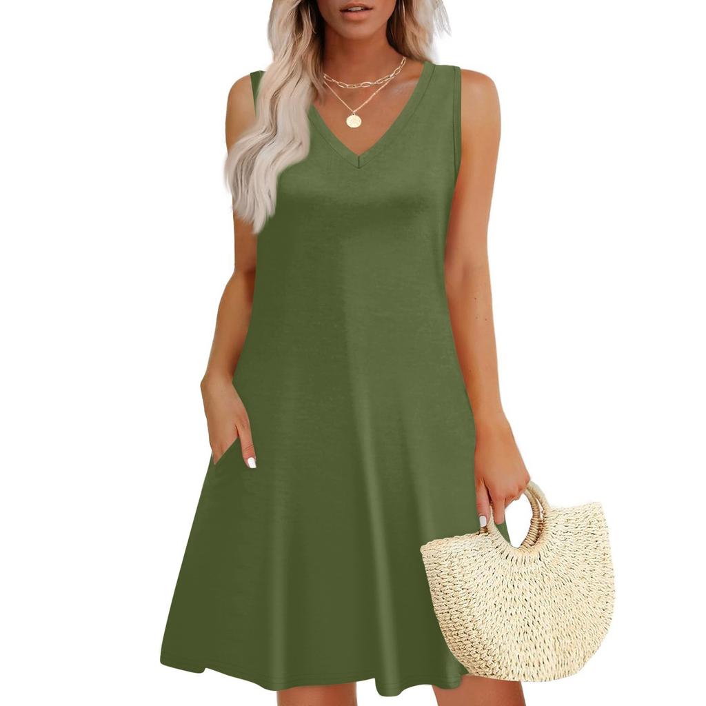 Women's Summer Dresses Loose Fit Solid Color V Neck Sleeveless Sundresses Beach Hawaiian Dress With Pockets