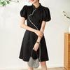Retro Beaded Puff Sleeve Cheongsam Dress