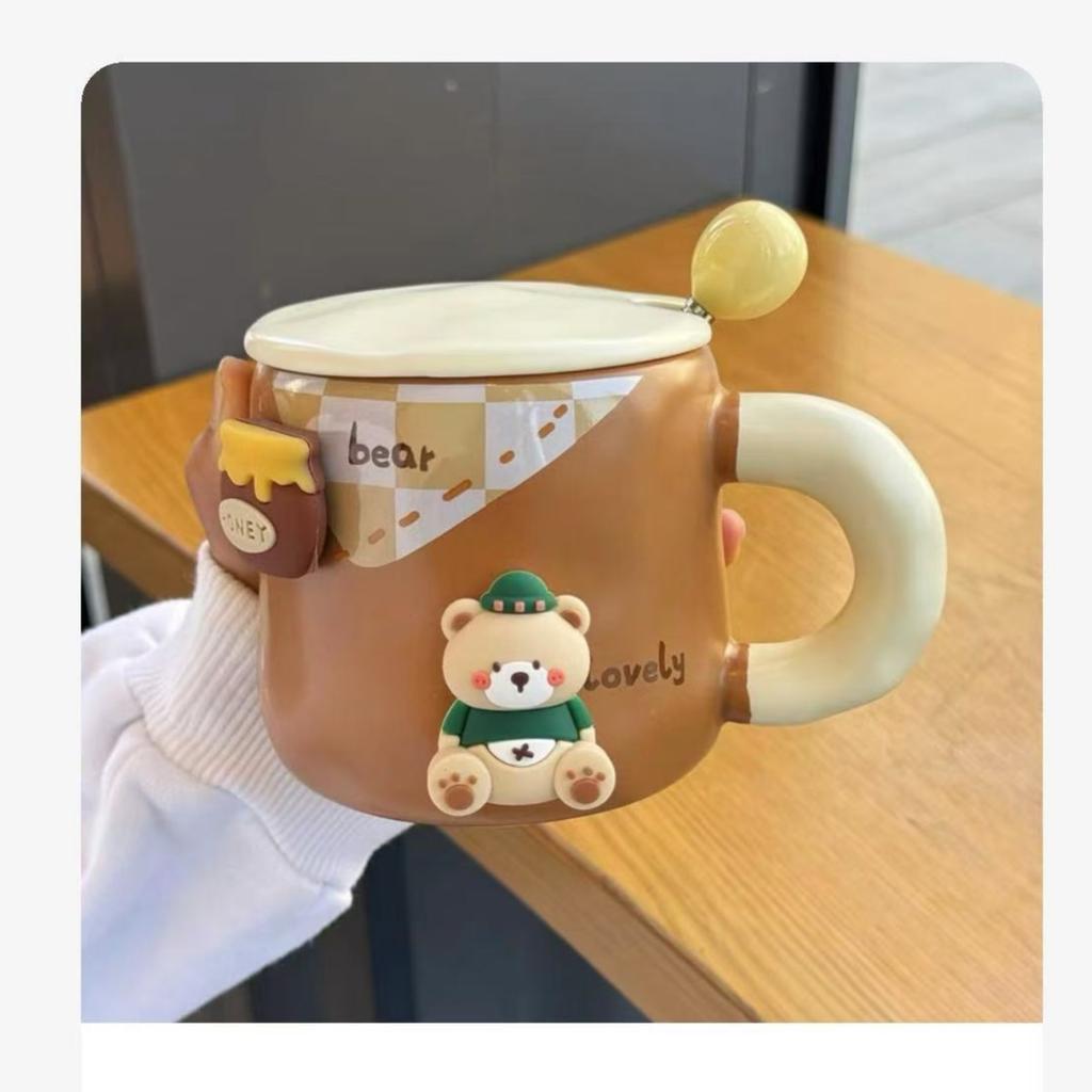 High Value Mug with Lid Spoon Cartoon Bear Ceramic Cup for Girls Birthday Gift High End Office Water Cup
