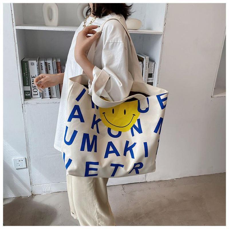 Women's Large Capacity Smiley Face Canvas Tote - Fashionable Single Shoulder Shopping Bag