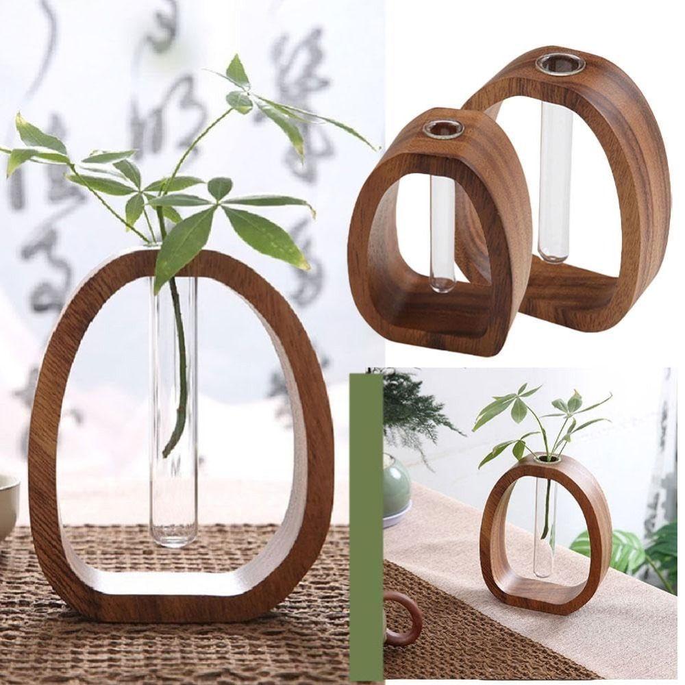 Vase Ornaments Solid Wood Flower Vase Test Tube Shape Glass Vase  for Home Desktop Decoration