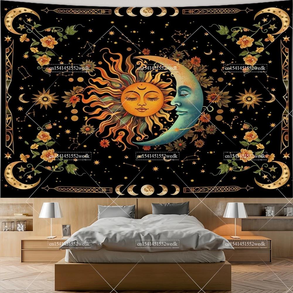 Sun And Moon Astrology Tapestry Celestial Boho Hippie Floral Plant Tapestries Wall Hanging Aesthetic Room Decoration Posters