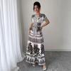 Blue and White Floral Print Short Sleeve Midi Dress with Tie Belt