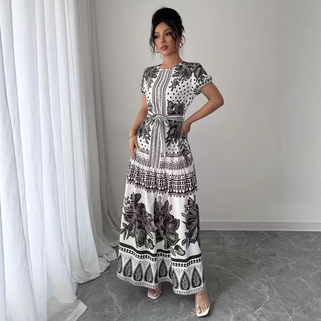 Blue and White Floral Print Short Sleeve Midi Dress with Tie Belt