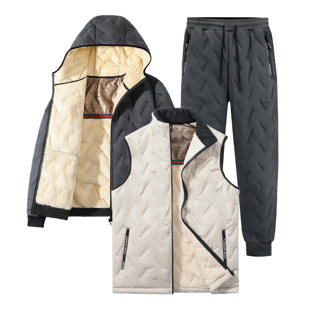 Mens Tracksuit Set Fashion Jogger Winter Graphene Fleece Warm Hooded Jacket Vest + Pants 3 Piece Male Casual Running Sports Suit