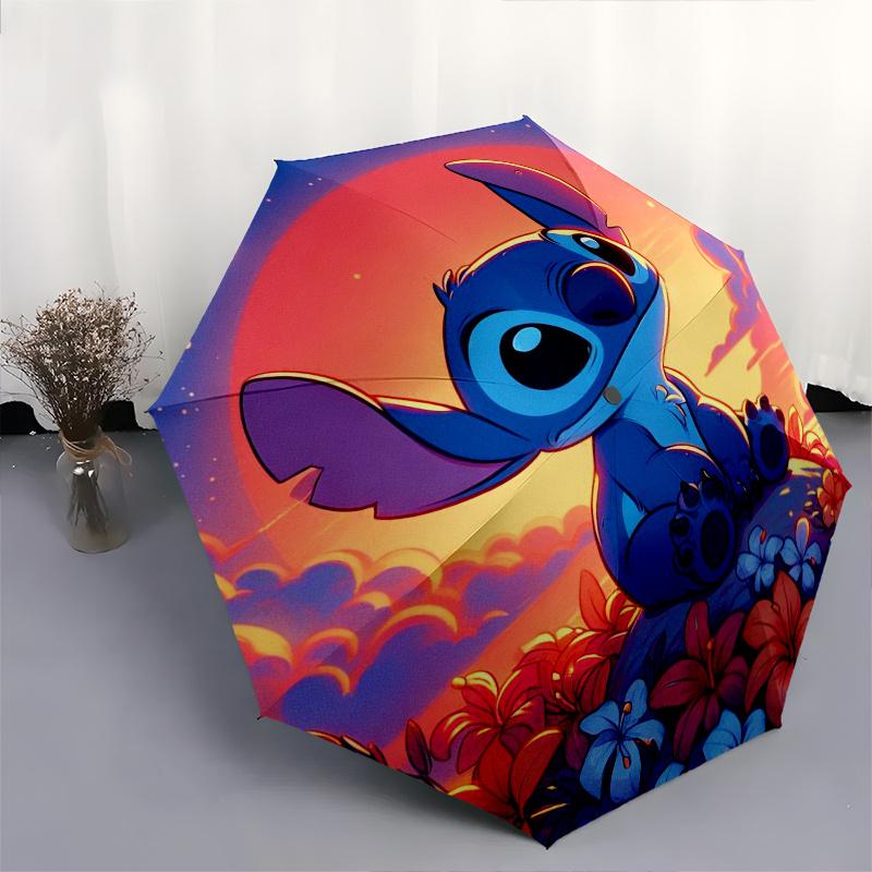 Stitch,Sunset Automatic Folding Umbrella   Simple 8 Rib Design, Bright Cartoon Pattern, Durable Iron Frame, Suitable For Travel, Outdoor, Be