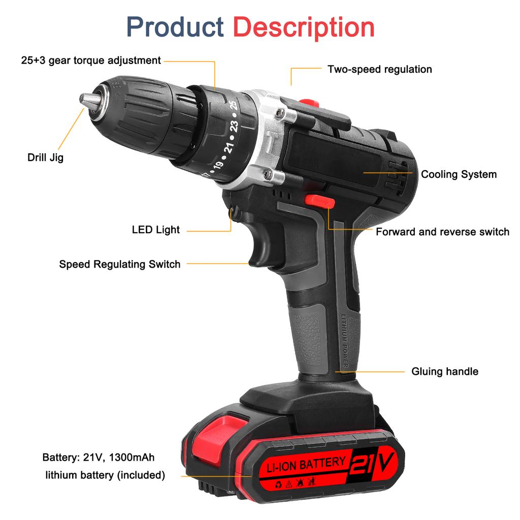 Household 3in1 Multifuctional Electric Drill Handheld Lithium Screwdriver 21V Impact Drill Brushed