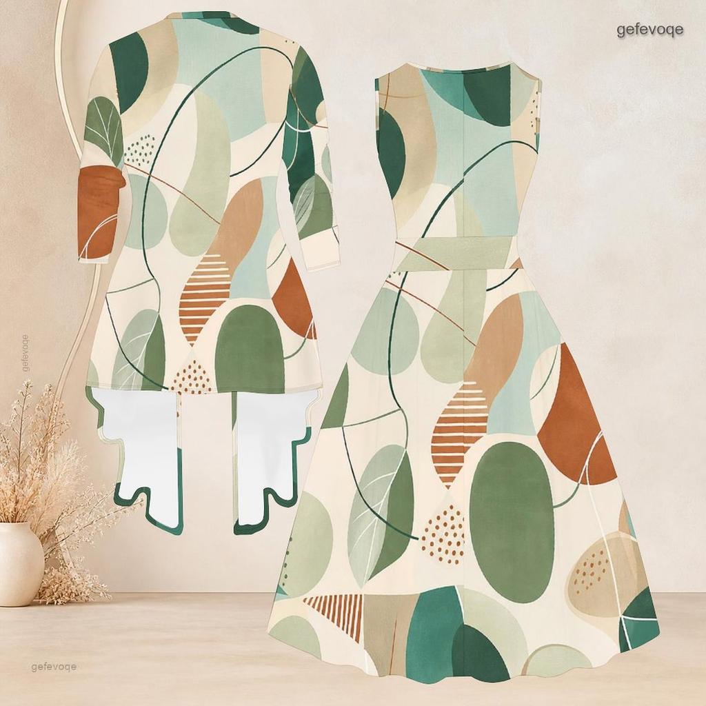 Women Plus Size Two Piece Set Sleeveless Round Neck Tie Waist Flared Dress 3 4 Sleeve Open Cardigan Green Geometric Printed