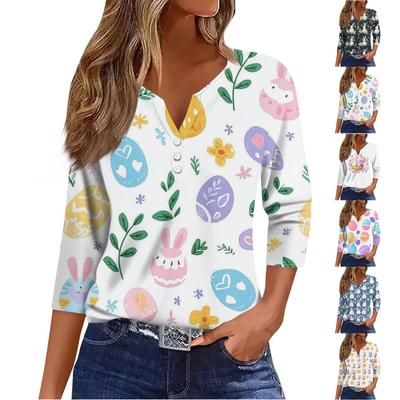Women's T Shirt Tee Print Button 3/4 Sleeve Daily Weekend Fashion Basic V Neck Regular Top