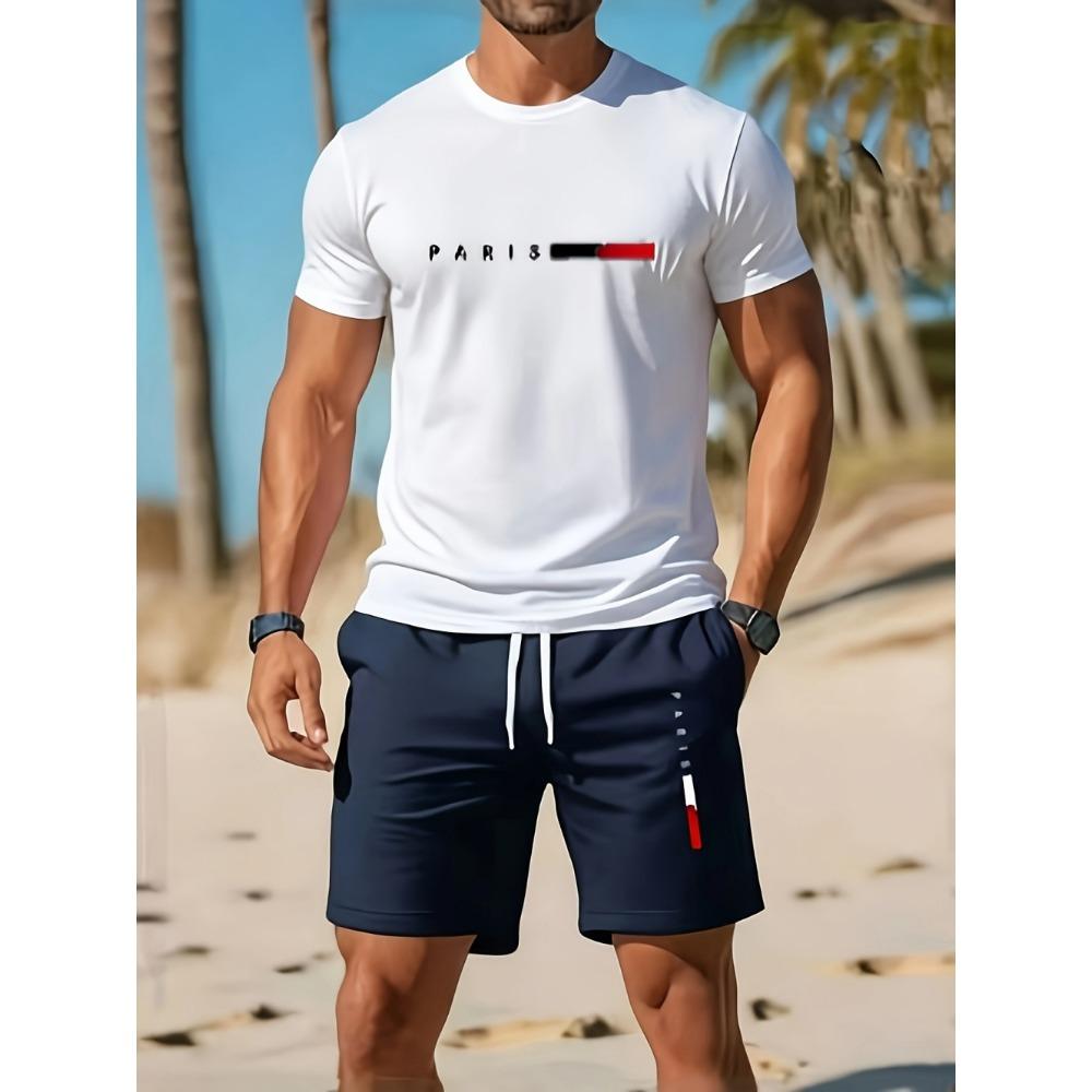 2026 Fashion Simple Solid Color Printed Set Summer Mens Street Harajuku Style Sports Gym Short Sleeve and Short Man 2 Piece Set