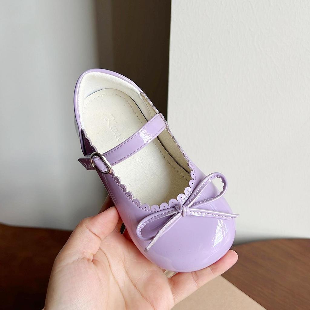 Girls' Princess Bow Patent Leather Shoes - Shiny, Low-Cut, Magic Tape, Japanese Style for Spring and Autumn