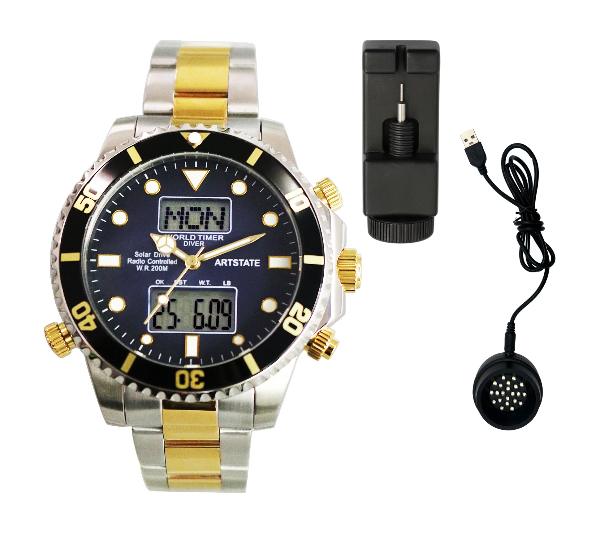 

Solar Date and Day World USB Charger 20 ATM Water Resistance and [ARTSTATE AS3210] Men s Radio-Controlled Watch, Display, Time, Included, (Gold