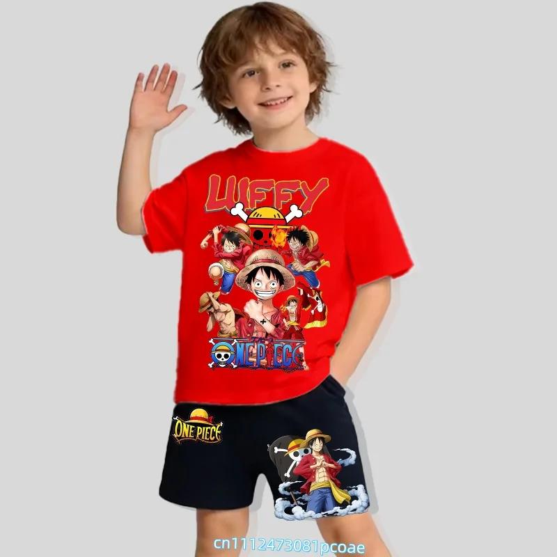 One Piece Children's Polyester Short-Sleeved Shorts Set with Cartoon Print - Boys' Sports Shirt for Summer T-Shirt Set of 2 Pieces