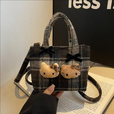 Fashion Retro Plaid Handbag Personalized Contrasting Color Bucket Bag Cute Cartoon Style Niche Messenger Shoulder Bag